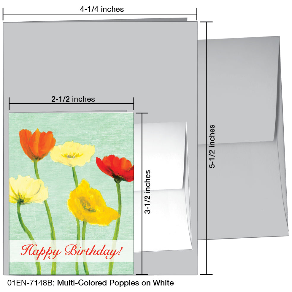 Multi-Colored Poppies On White, Greeting Card (7148B)